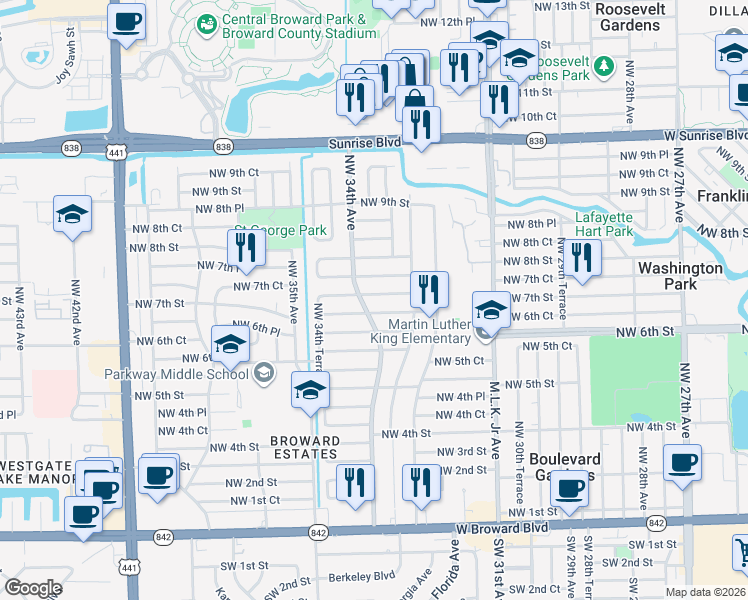 map of restaurants, bars, coffee shops, grocery stores, and more near 3380 Northwest 7th Street in Fort Lauderdale