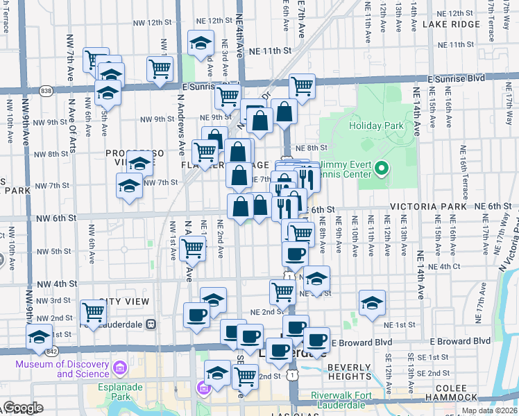 map of restaurants, bars, coffee shops, grocery stores, and more near 421 Northeast 6th Street in Fort Lauderdale
