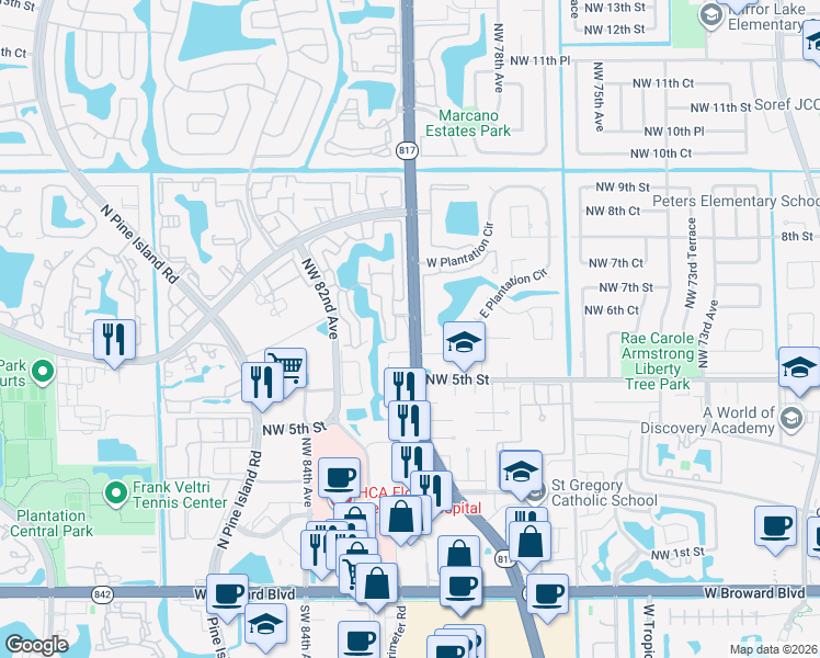 map of restaurants, bars, coffee shops, grocery stores, and more near 8140 Cleary Boulevard in Plantation