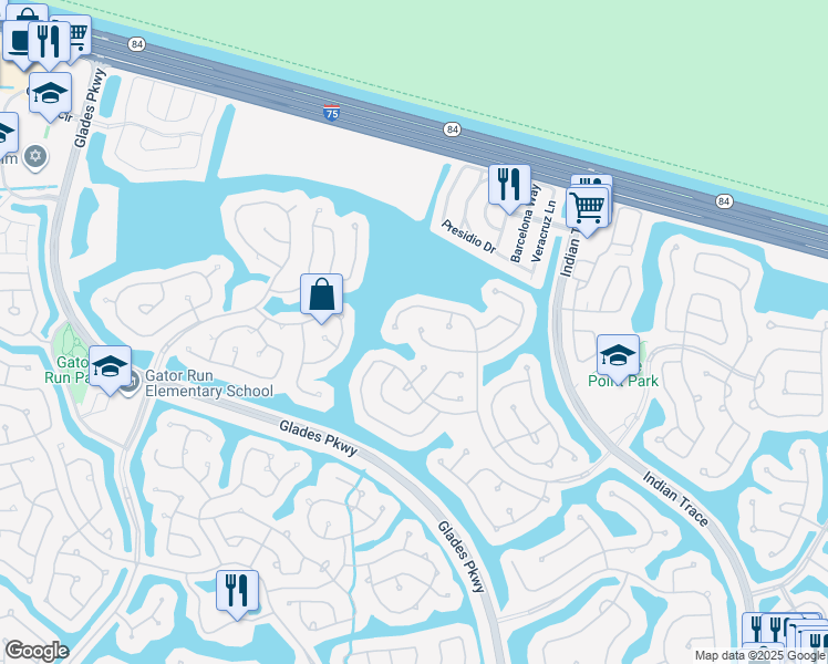 map of restaurants, bars, coffee shops, grocery stores, and more near 1055 Cedar Falls Drive in Weston