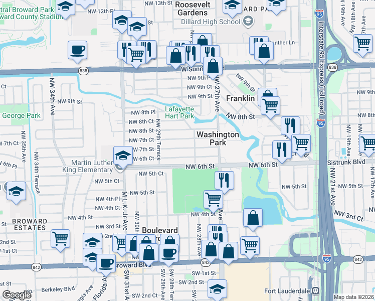 map of restaurants, bars, coffee shops, grocery stores, and more near 2810 Northwest 7th Street in Fort Lauderdale