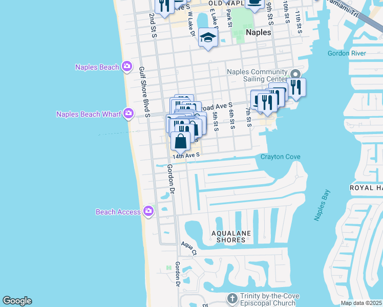 map of restaurants, bars, coffee shops, grocery stores, and more near 345 14th Avenue South in Naples