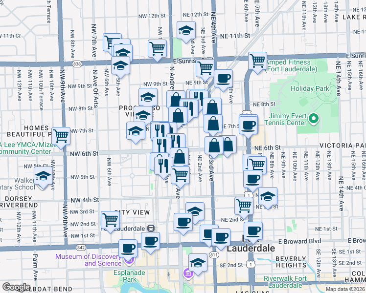 map of restaurants, bars, coffee shops, grocery stores, and more near 598 North Andrews Avenue in Fort Lauderdale