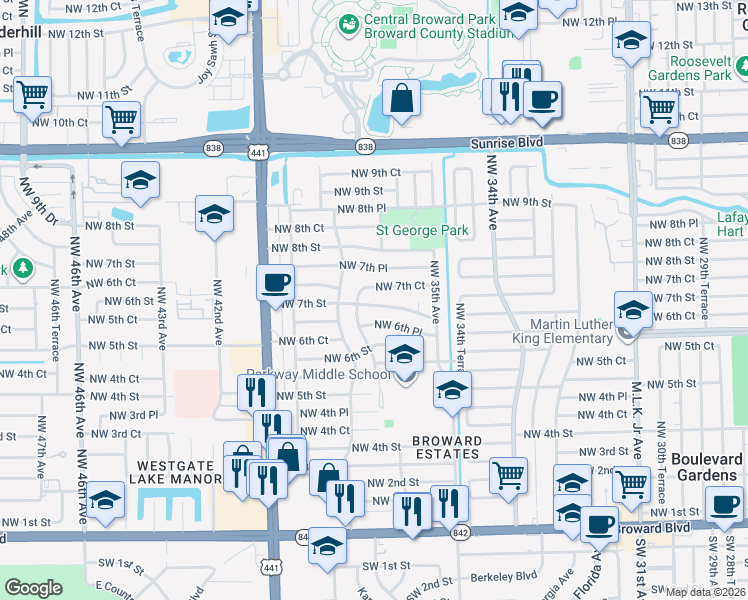 map of restaurants, bars, coffee shops, grocery stores, and more near 3641 Northwest 7th Street in Fort Lauderdale