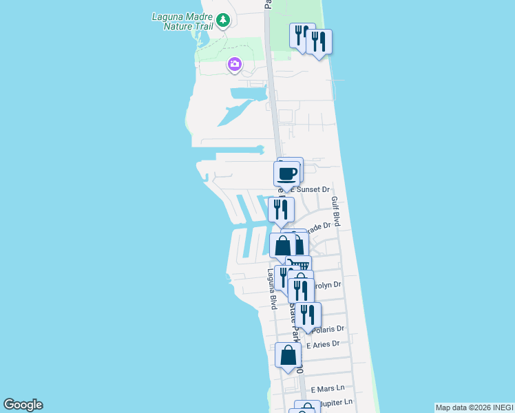 map of restaurants, bars, coffee shops, grocery stores, and more near 5900 Yucca Circle in South Padre Island