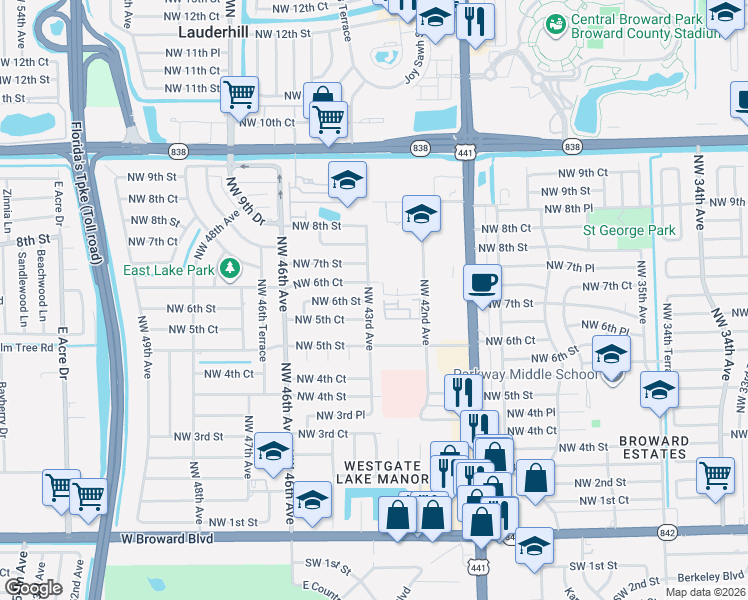 map of restaurants, bars, coffee shops, grocery stores, and more near 590 Northwest 43rd Avenue in Plantation