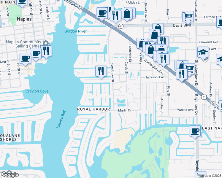 map of restaurants, bars, coffee shops, grocery stores, and more near 1550 Sandpiper Street in Naples