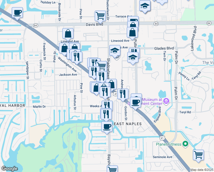 map of restaurants, bars, coffee shops, grocery stores, and more near 10 Bayshore Drive in Naples