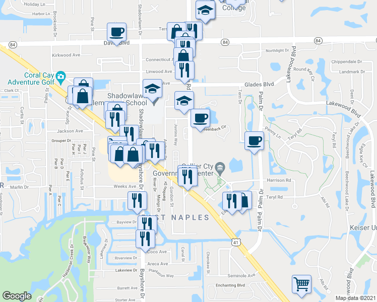 map of restaurants, bars, coffee shops, grocery stores, and more near 2590 Airport-Pulling Road in Naples