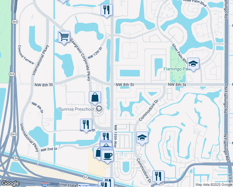 map of restaurants, bars, coffee shops, grocery stores, and more near 13532 Northwest 7th Street in Plantation