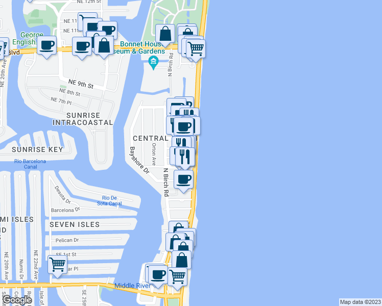 map of restaurants, bars, coffee shops, grocery stores, and more near 520 Breakers Avenue in Fort Lauderdale