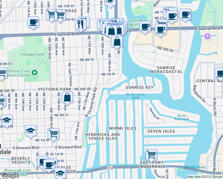 map of restaurants, bars, coffee shops, grocery stores, and more near 1901 Sunrise Key Boulevard in Fort Lauderdale