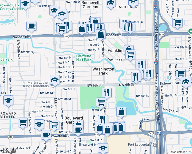 map of restaurants, bars, coffee shops, grocery stores, and more near 2732 Northwest 7th Street in Fort Lauderdale