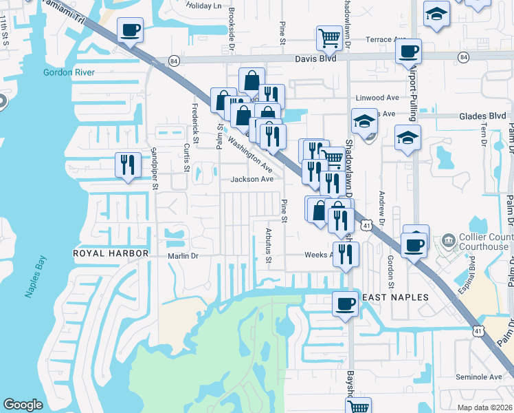 map of restaurants, bars, coffee shops, grocery stores, and more near 100-168 Pier East in Naples
