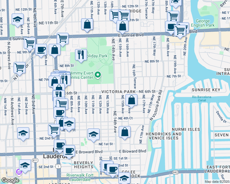 map of restaurants, bars, coffee shops, grocery stores, and more near 548 Northeast 13th Avenue in Fort Lauderdale