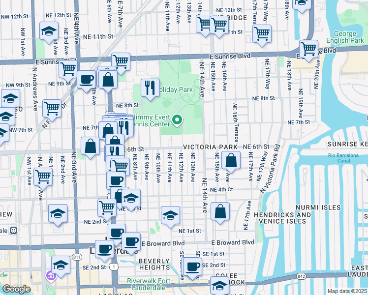 map of restaurants, bars, coffee shops, grocery stores, and more near 549 Northeast 12th Avenue in Fort Lauderdale