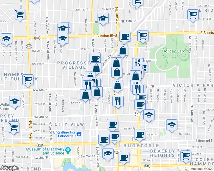 map of restaurants, bars, coffee shops, grocery stores, and more near 125 Northeast 6th Street in Fort Lauderdale