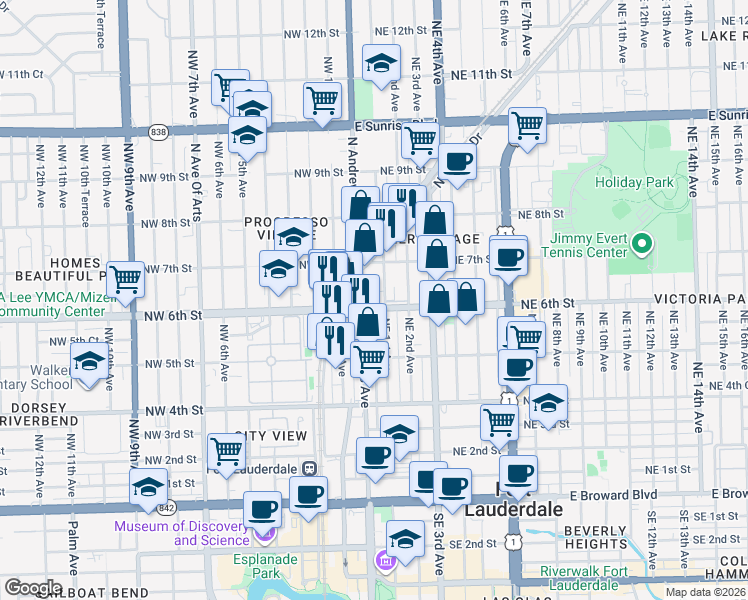 map of restaurants, bars, coffee shops, grocery stores, and more near 598 North Andrews Avenue in Fort Lauderdale