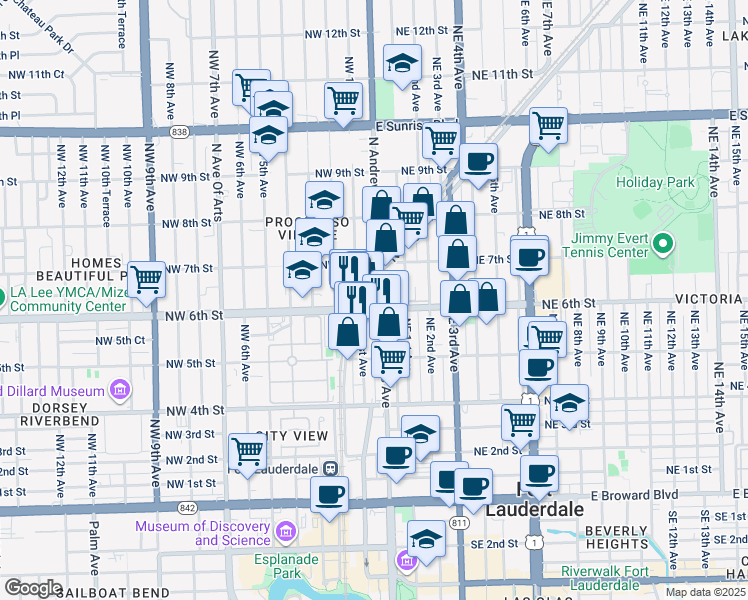 map of restaurants, bars, coffee shops, grocery stores, and more near 598 North Andrews Avenue in Fort Lauderdale