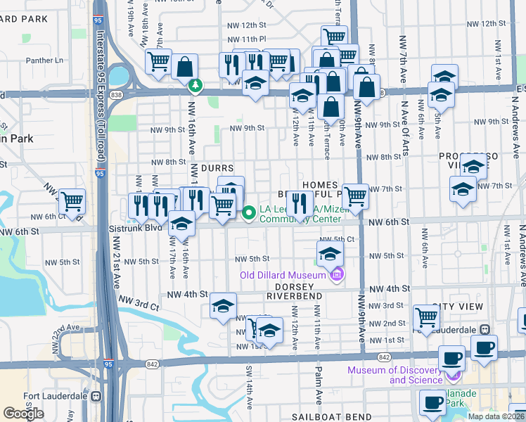 map of restaurants, bars, coffee shops, grocery stores, and more near 627 Northwest 14th Avenue in Fort Lauderdale