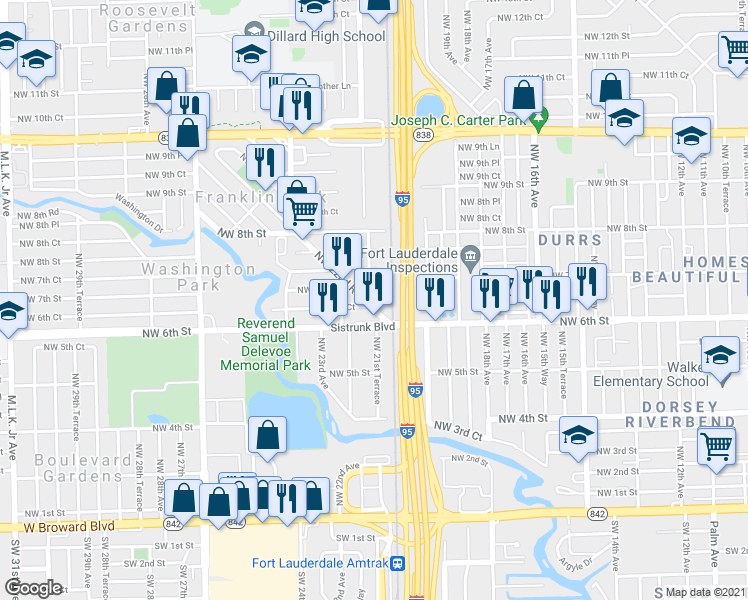 map of restaurants, bars, coffee shops, grocery stores, and more near 621 Northwest 21st Avenue in Fort Lauderdale