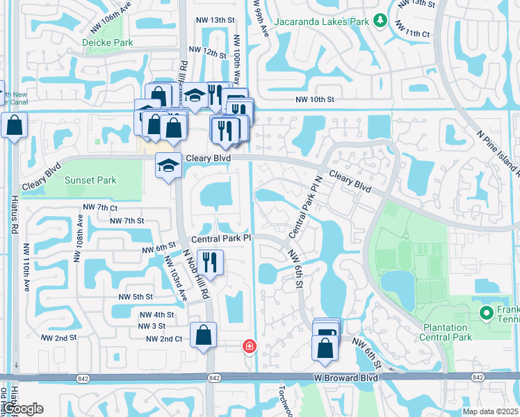 map of restaurants, bars, coffee shops, grocery stores, and more near 700 Northwest 100th Terrace in Plantation