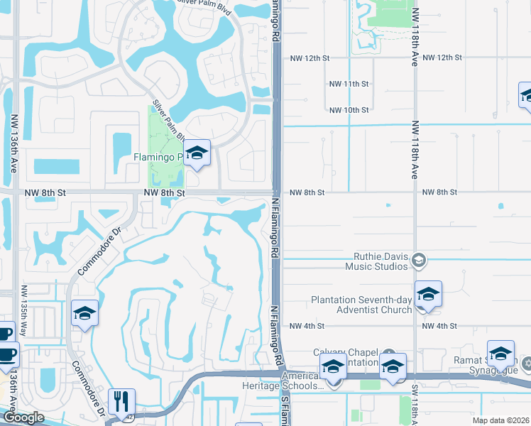 map of restaurants, bars, coffee shops, grocery stores, and more near 431 Northwest 125th Avenue in Sunrise