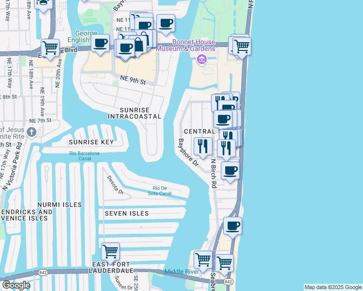 map of restaurants, bars, coffee shops, grocery stores, and more near 537 Bayshore Drive in Fort Lauderdale