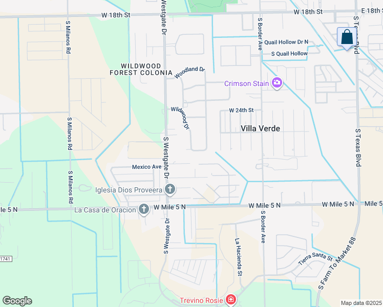 map of restaurants, bars, coffee shops, grocery stores, and more near 1513 Wildwood Drive in Weslaco