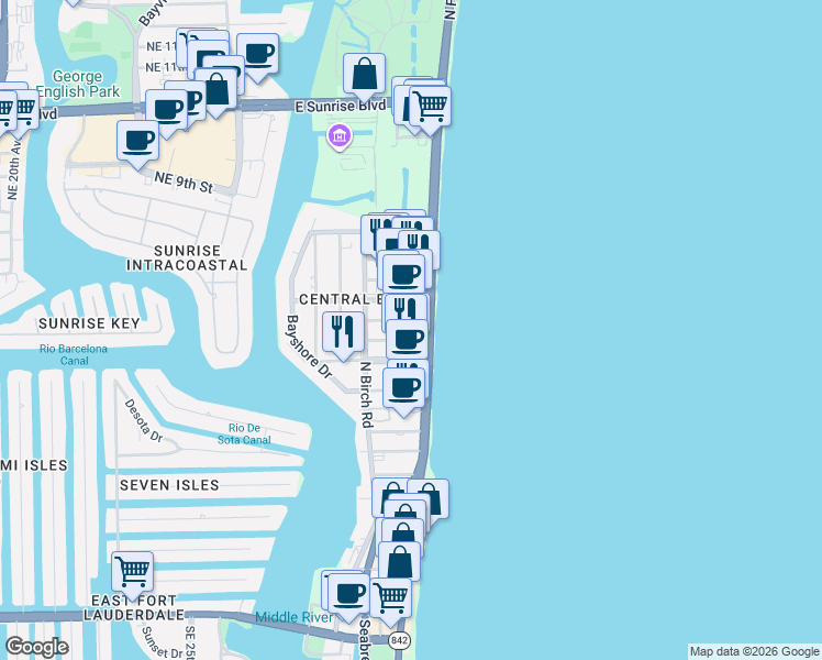 map of restaurants, bars, coffee shops, grocery stores, and more near 520 Breakers Avenue in Fort Lauderdale