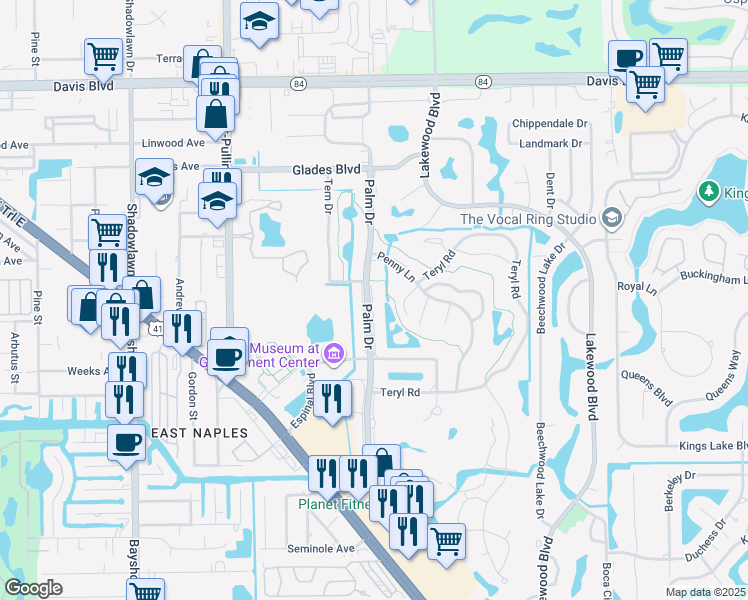map of restaurants, bars, coffee shops, grocery stores, and more near 255 Palm Drive in Naples