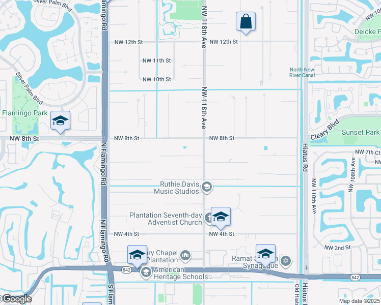 map of restaurants, bars, coffee shops, grocery stores, and more near 11851 Northwest 7th Street in Plantation