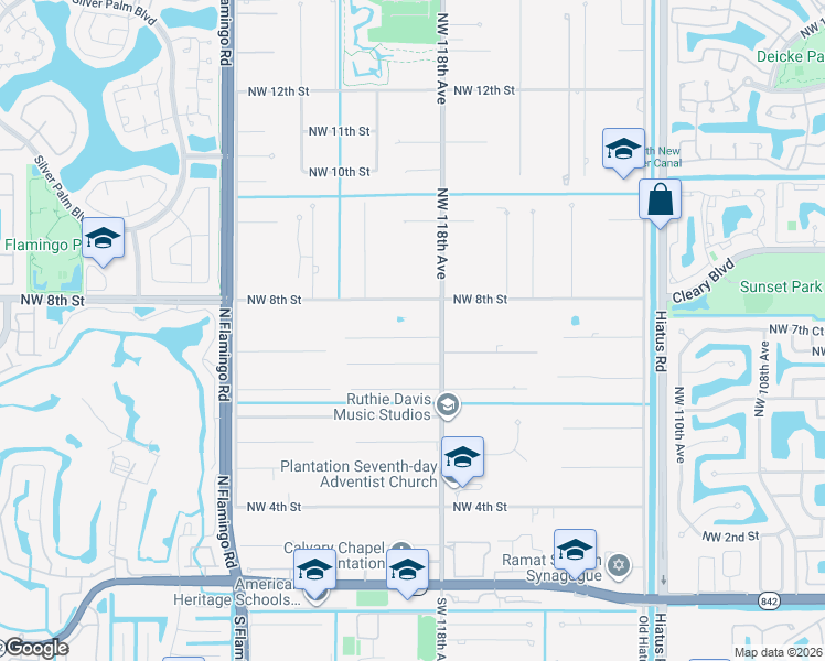 map of restaurants, bars, coffee shops, grocery stores, and more near 11851 Northwest 7th Street in Plantation