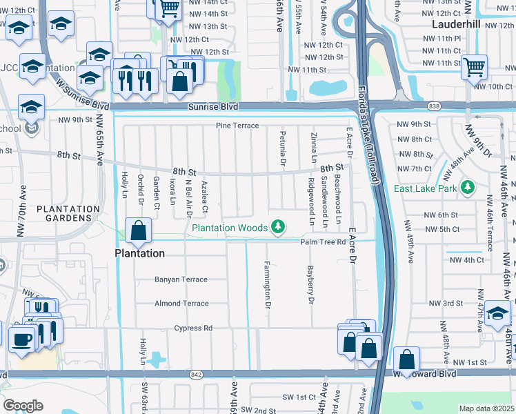 map of restaurants, bars, coffee shops, grocery stores, and more near 640 Camellia Court in Plantation