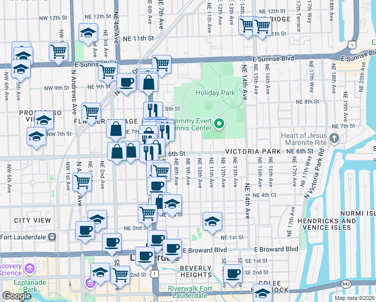 map of restaurants, bars, coffee shops, grocery stores, and more near 549 Northeast 9th Avenue in Fort Lauderdale