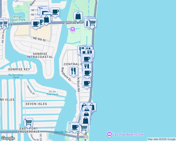 map of restaurants, bars, coffee shops, grocery stores, and more near 525 North Fort Lauderdale Beach Boulevard in Fort Lauderdale