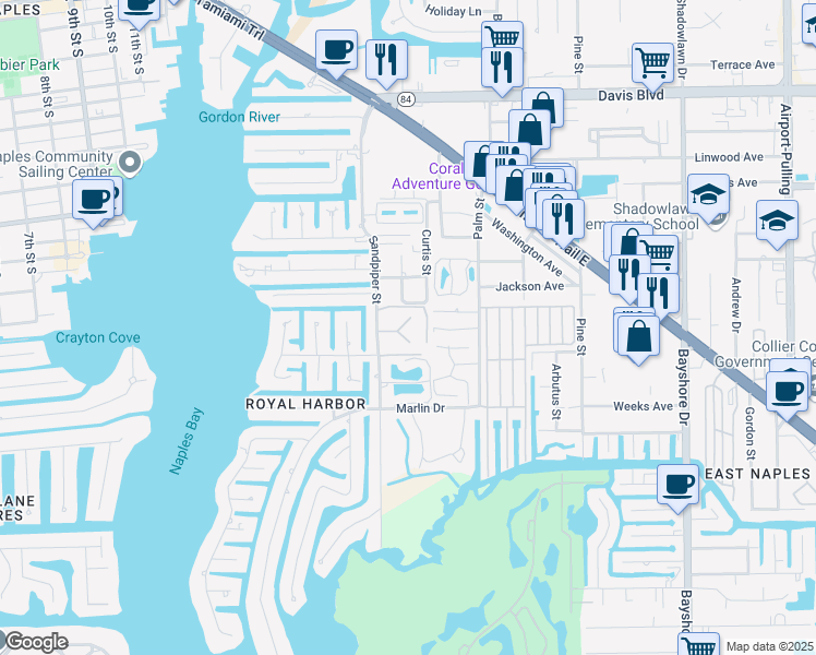 map of restaurants, bars, coffee shops, grocery stores, and more near 1549 Sandpiper Street in Naples