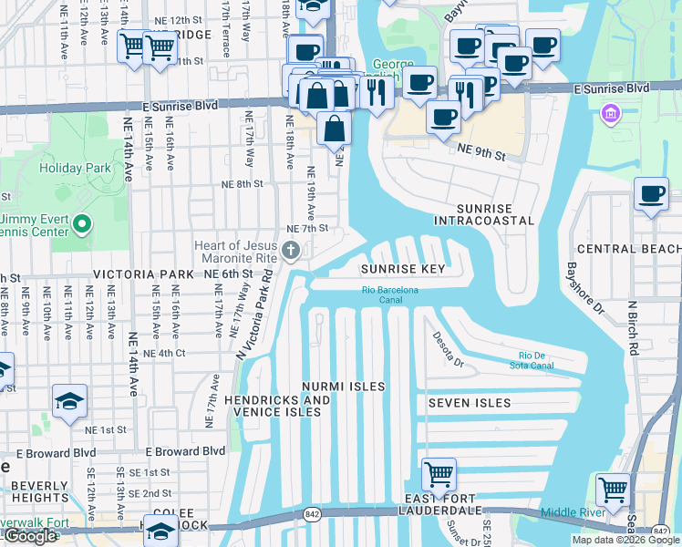 map of restaurants, bars, coffee shops, grocery stores, and more near 1933 Sunrise Key Boulevard in Fort Lauderdale