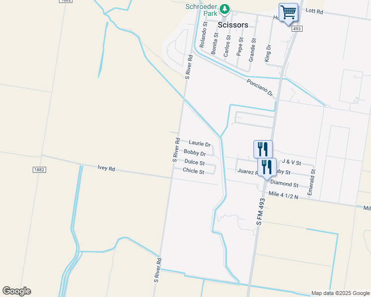 map of restaurants, bars, coffee shops, grocery stores, and more near 1108 Bobby Drive in Donna