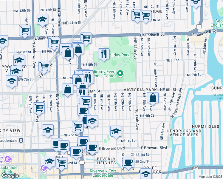 map of restaurants, bars, coffee shops, grocery stores, and more near 1001 Northeast 6th Street in Fort Lauderdale