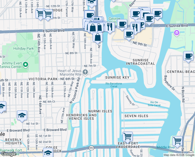 map of restaurants, bars, coffee shops, grocery stores, and more near 1933 Sunrise Key Boulevard in Fort Lauderdale