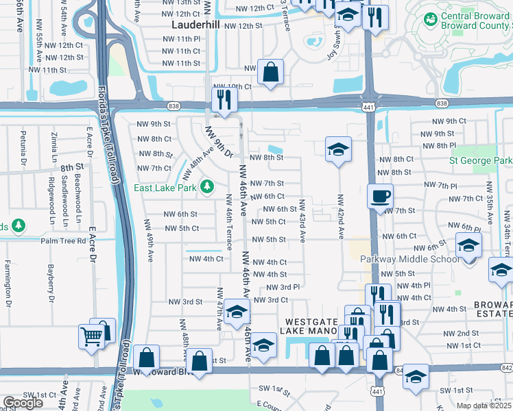 map of restaurants, bars, coffee shops, grocery stores, and more near 4541 Northwest 6th Street in Plantation