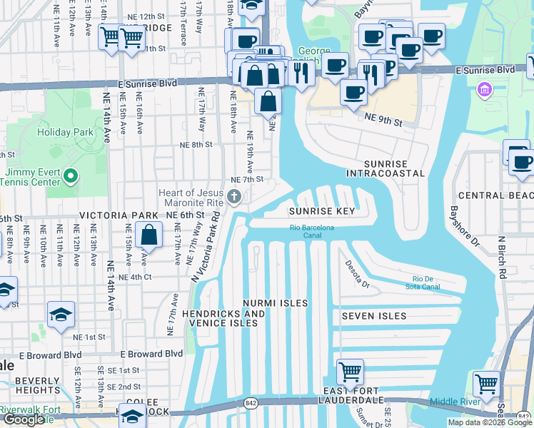 map of restaurants, bars, coffee shops, grocery stores, and more near 1933 Sunrise Key Boulevard in Fort Lauderdale