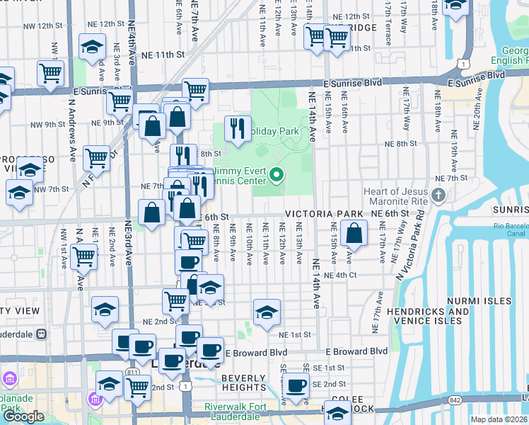 map of restaurants, bars, coffee shops, grocery stores, and more near 1001 Northeast 6th Street in Fort Lauderdale