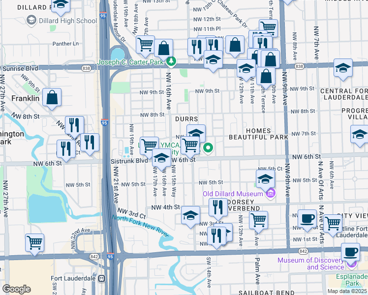 map of restaurants, bars, coffee shops, grocery stores, and more near 625 Northwest 15th Terrace in Fort Lauderdale