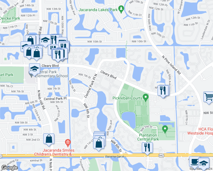 map of restaurants, bars, coffee shops, grocery stores, and more near 9726 Northwest 7th Circle in Plantation