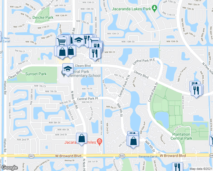 map of restaurants, bars, coffee shops, grocery stores, and more near 9955 Northwest 6th Court in Plantation