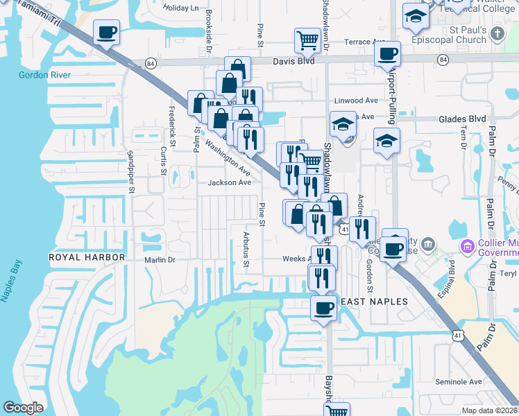 map of restaurants, bars, coffee shops, grocery stores, and more near Pier J in Naples