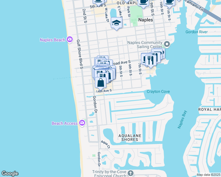 map of restaurants, bars, coffee shops, grocery stores, and more near 385 14th Avenue South in Naples