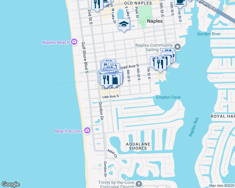 map of restaurants, bars, coffee shops, grocery stores, and more near 385 14th Avenue South in Naples
